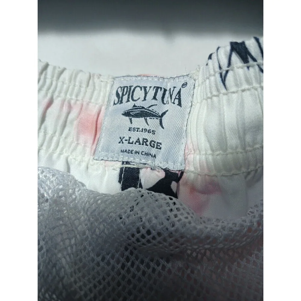 Spicy Tuna Swim Trunks Men XL Pineapple Print White Pink Beach Shorts